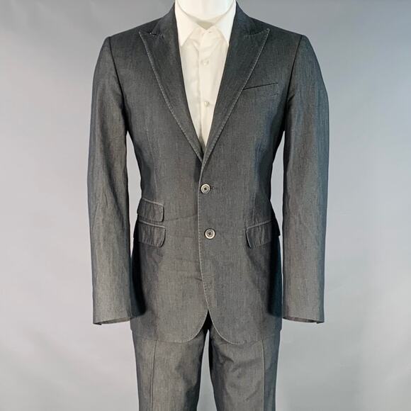 CORNELIANI Size 38 Grey Charcoal Herringbone Cotton Silk Peak Lapel Suit - Picture 1 of 12
